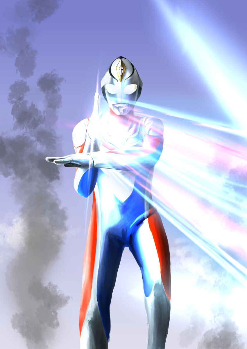 1boy absurdres alien armor battle blue_skin blue_sky breastplate cloud cloudy_sky color_timer colored_skin commentary compound_eyes day dorsal_fin energy feet_out_of_frame flash_type_(ultra_series) forehead_jewel gattyo glowing glowing_eyes hands_up highres leg_up looking_down male_focus midair multicolored_skin outdoors red_skin silver_skin sky smoke smoke_trail solo solo_focus tokusatsu ultra_beam ultra_series ultraman_dyna ultraman_dyna_(flash_type) ultraman_dyna_(series) ultraman_tiga_&amp;_ultraman_dyna:_hikari_no_hoshi_no_senshi-tachi white_eyes wrinkled_skin
