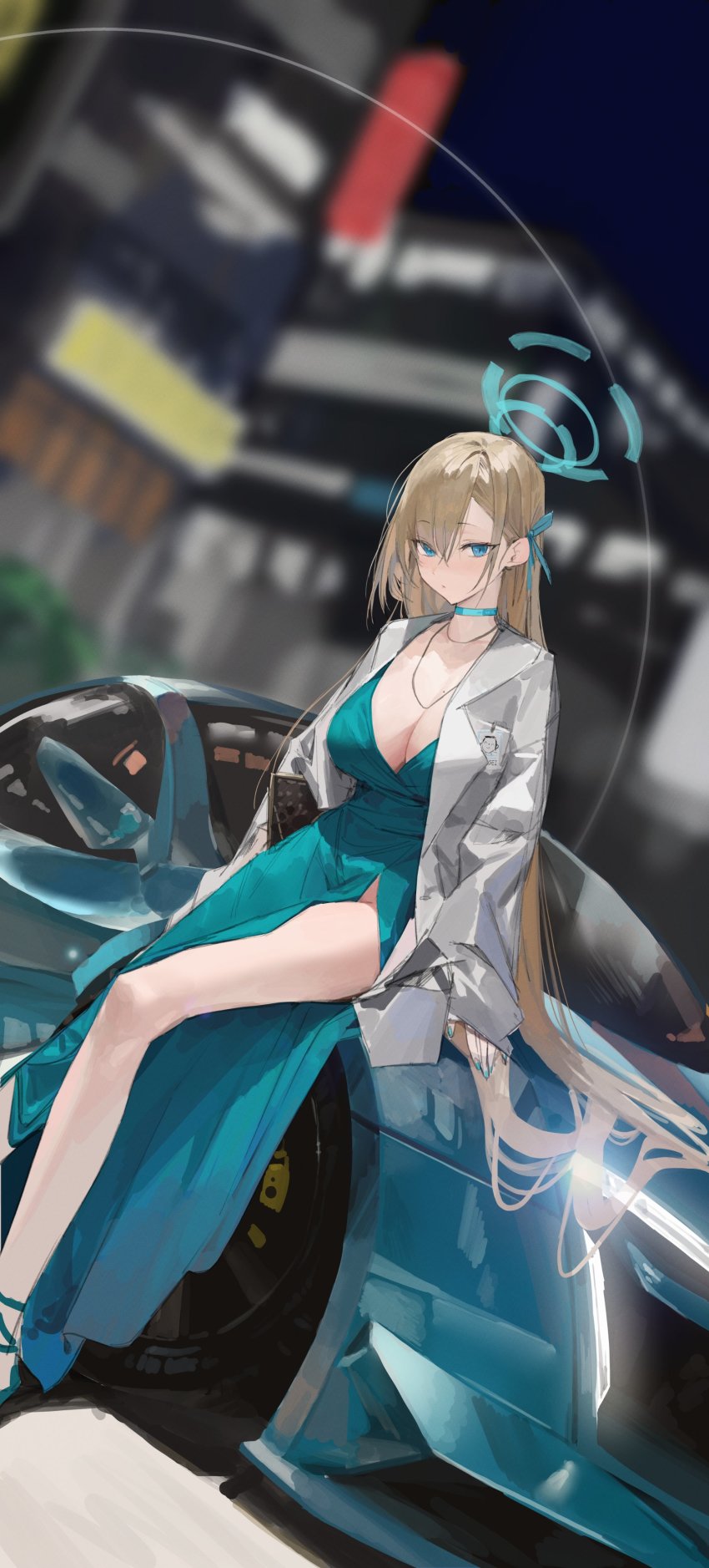 1girl a.t._zero absurdres alternate_costume aqua_car aqua_choker aqua_theme asuna_(blue_archive) bare_legs blue_archive blue_car blue_choker blue_dress blue_eyes blue_nails blue_ribbon blurry blurry_background blush breasts building car choker cleavage closed_mouth coat depth_of_field doodle_sensei_(blue_archive) dress dutch_angle evening_gown feet_out_of_frame hair_ribbon halo highres jewelry large_breasts legs light_brown_hair long_hair long_sleeves looking_at_viewer mole mole_on_breast mole_under_mouth motor_vehicle nail_polish necklace night on_car ribbon sensei_(blue_archive) side_slit sidelocks sitting sleeves_past_wrists solo swept_bangs very_long_hair white_coat