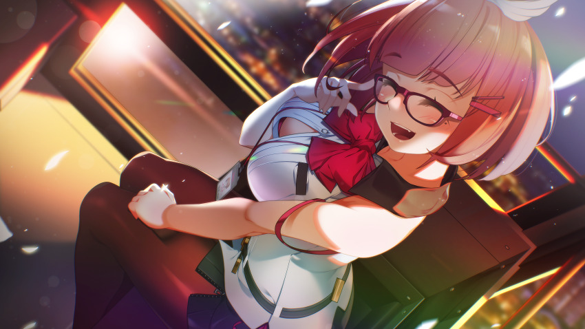 1girl adjusting_eyewear bare_shoulders belt black_belt black_skirt bob_cut bow bra bra_peek bra_strap breast_pocket breasts button_gap closed_eyes dress_shirt dutch_angle ferris_wheel ferris_wheel_interior game_cg hair_ornament hairpin hand_on_own_thigh highres hime_cut impossible_clothes impossible_shirt joo_mi-ra lanyard light_blush light_particles light_smile medium_breasts miniskirt miracle_snack_shop mole mole_under_eye night night_sky no_pupils non-web_source official_art open_mouth orange_eyes orange_hair panties panty_straps pantyhose parted_lips pencil_skirt petals pink_lips pleated_shirt pocket pov purple-framed_eyewear red_bow red_bra red_pantyhose shiny_skin shirt short_hair side-tie_panties side_slit sitting skirt sky sleeveless sleeveless_shirt smile solo strap_slip talesshop tight_clothes tight_shirt ukero underwear untucked_shirt white_shirt winged_hair_ornament zipper zipper_skirt