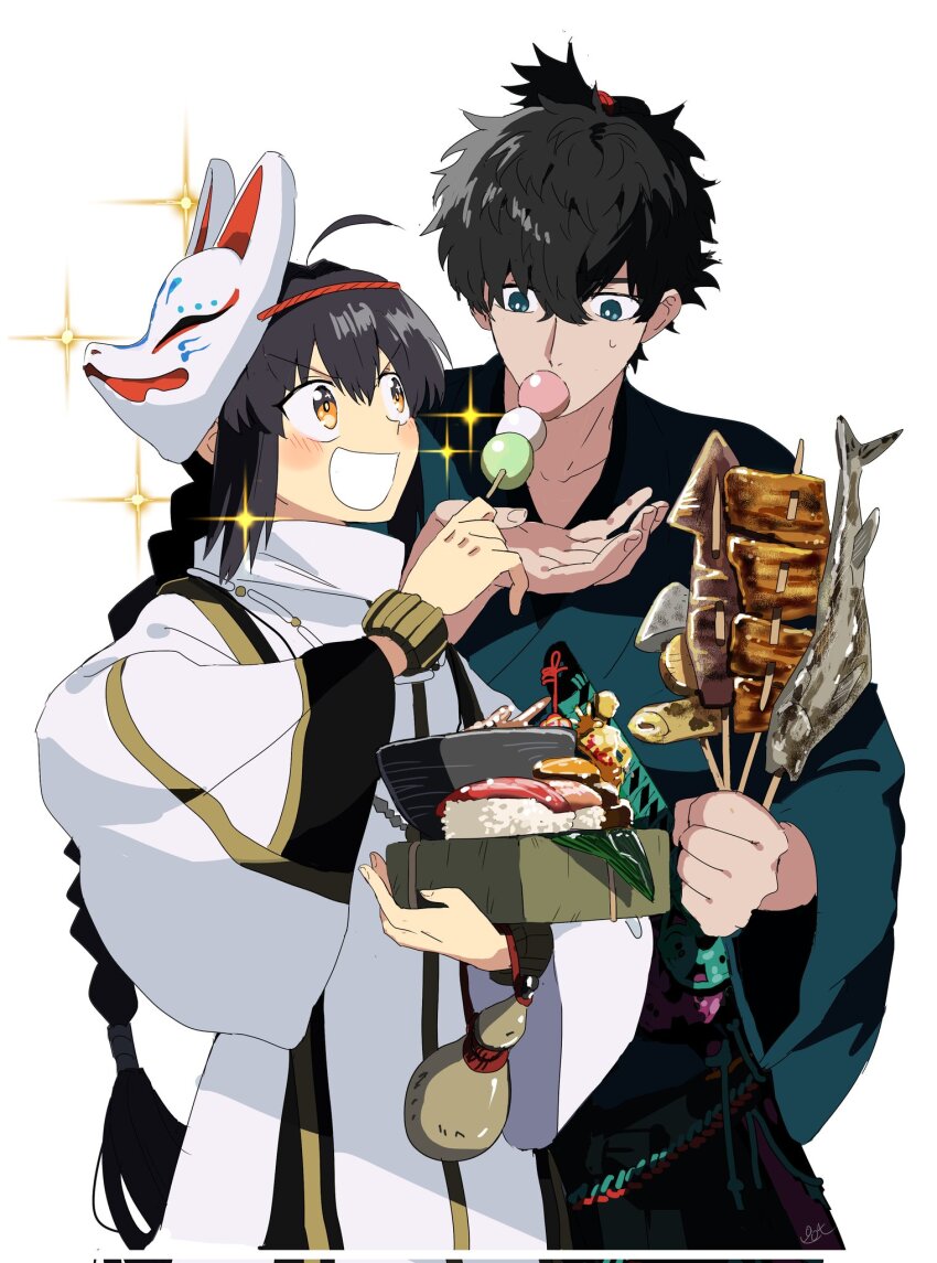 1boy 1other ahoge androgynous black_hair black_hakama blue_eyes blue_kimono blush bowl bracelet braid chikuwa daikon dango fate/samurai_remnant fate_(series) feeding fish fish_(food) food fox_mask fried_squid grilled_fish hair_intakes hakama happy highres holding holding_food holding_skewer japanese_clothes jewelry katana kimono konnyaku_(food) long_hair mask miyamoto_iori_(fate) necklace nigirizushi pirohi_(pirohi214) radish sanshoku_dango sheath sheathed sidelocks simple_background single_braid skewer sparkle sushi sweat sword topknot wagashi weapon white_background yamato_takeru_(fate) yellow_eyes