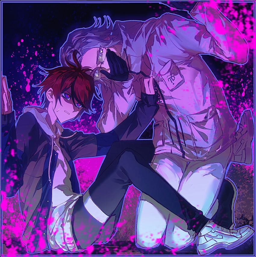 2boys absurdres ahoge aizendai aotsuki_eito black_gloves black_pants black_shoes blood blood_splatter blue_eyes blue_jacket blue_outline breast_pocket covering_own_mouth cramped drawstring full_body glasses gloves grey_hair grey_jacket hand_on_another&#039;s_chest hand_over_own_mouth highres hood hoodie jacket kneeling male_focus multicolored_hair multicolored_jacket multiple_boys open_clothes open_jacket outline pants pink_blood pocket red_hair shoes short_hair sitting streaked_hair sumino_takumi the_hundred_line_-last_defense_academy- thigh_strap two-tone_jacket white_hoodie white_jacket white_pants white_shoes
