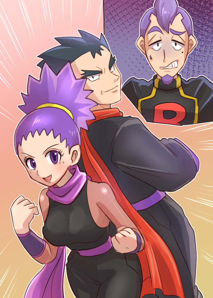 1girl 2boys black_eyes black_hair black_jacket breasts clenched_hands clenched_teeth closed_mouth commentary_request emphasis_lines facial_hair father_and_daughter goatee highres jacket janine_(pokemon) koga_(pokemon) logo makita_(mugitya3776) mole mole_under_eye multiple_boys nintendo outline petrel_(pokemon) pokemon pokemon_hgss purple_hair purple_scarf red_scarf scarf short_hair smile sweatdrop team_rocket team_rocket_uniform teeth