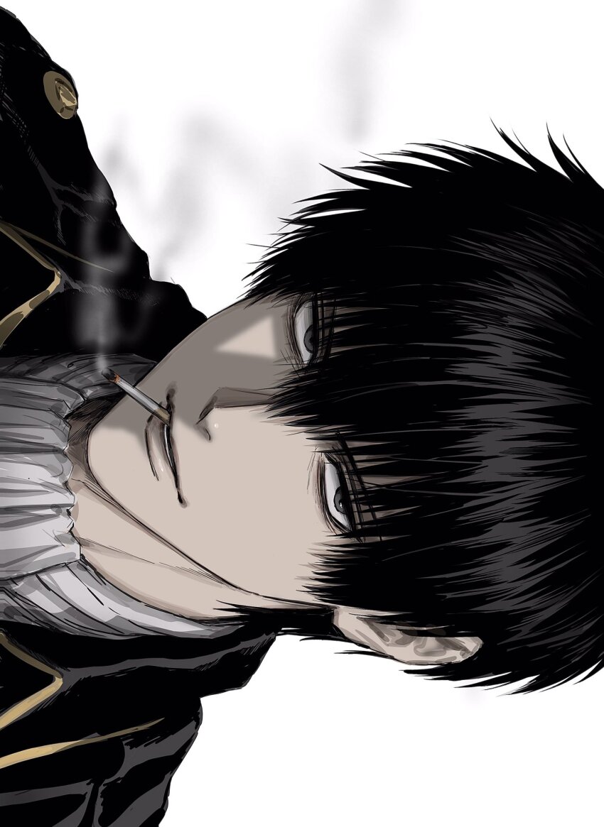 1boy bags_under_eyes black_hair black_jacket cigarette close-up collared_jacket gintama hair_between_eyes highres hijikata_toushirou jacket looking_at_viewer male_focus partially_shaded_face sanpaku shirt short_hair sidelighting sideways simple_background smoke smoking solo sso_s straight_hair tsurime white_background white_shirt