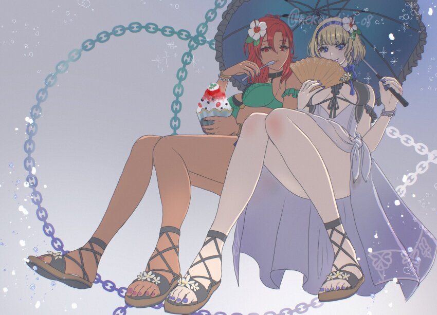 2girls bikini blonde_hair blue_eyes bracelet breasts constance_von_nuvelle constance_von_nuvelle_(summer) dark-skinned_female dark_skin drill_hair drill_sidelocks fire_emblem fire_emblem:_three_houses fire_emblem_heroes flower folding_fan food green_bikini hair_flower hair_ornament hairband hand_fan hapi_(fire_emblem) hapi_(summer)_(fire_emblem) highres holding holding_umbrella ice_cream jewelry large_breasts medium_breasts medium_hair multicolored_hair multiple_girls navel nekoyashiki_08 nintendo official_alternate_costume one-piece_swimsuit parasol purple_hair red_eyes red_hair sarong shaved_ice short_hair sidelocks swimsuit umbrella underboob white_one-piece_swimsuit white_sarong
