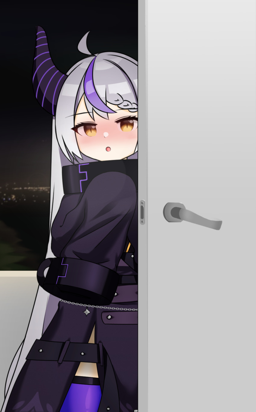 1girl :o absurdres ahoge belt blush braid braided_bangs door highres hololive horns jacket la+_darknesss long_hair long_sleeves looking_at_viewer open_door open_mouth purple_hair sleeves_past_fingers sleeves_past_wrists solo spookm thighhighs very_long_hair virtual_youtuber white_hair yellow_eyes