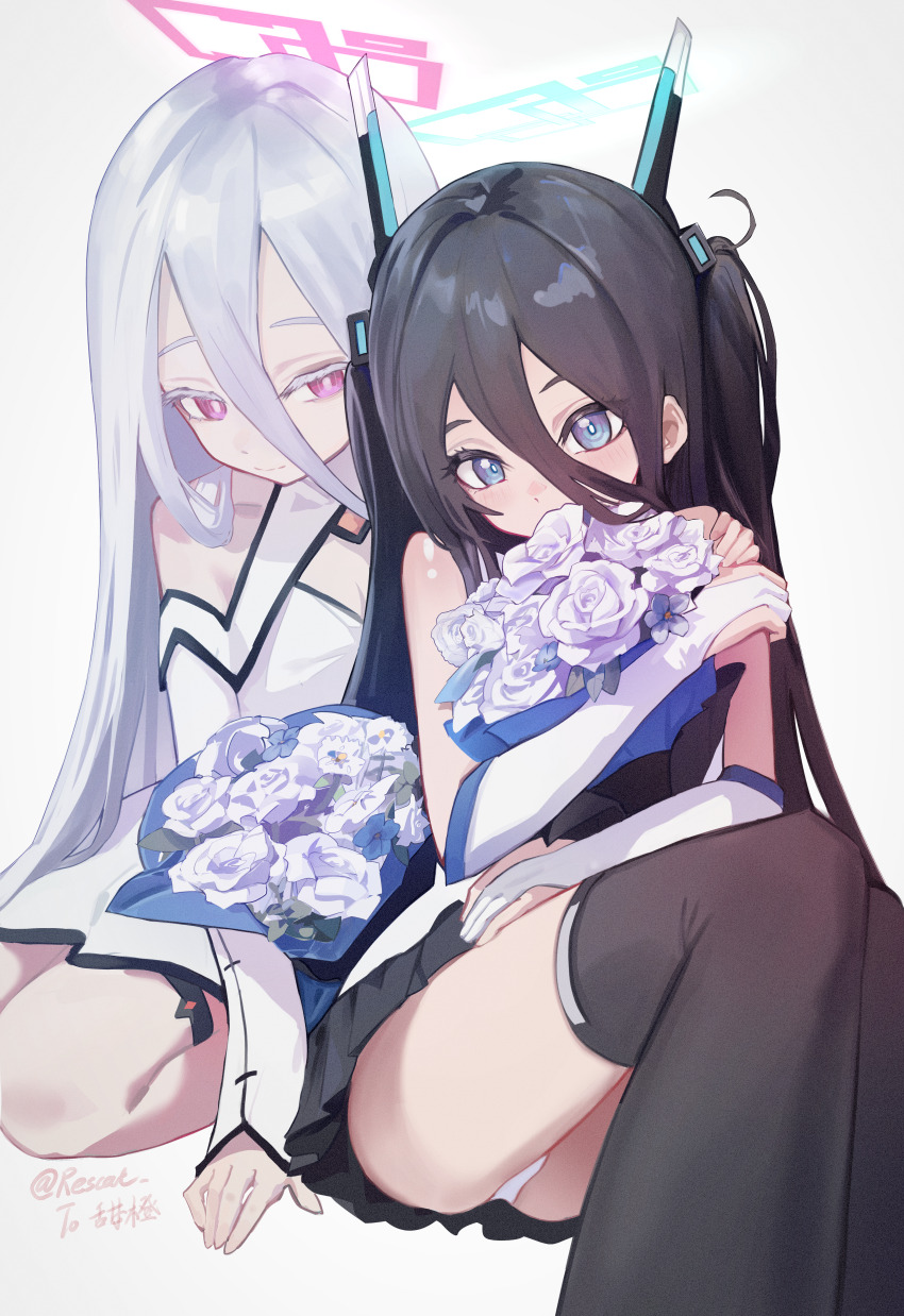 2girls absurdres aris_(blue_archive) aris_(mecha_suit)_(blue_archive) artist_name bare_shoulders black_hair black_skirt black_thighhighs blue_archive blue_eyes bouquet chinese_commentary closed_mouth clothing_cutout commentary_request commission commissioner_name dress elbow_gloves flower gloves hair_between_eyes hand_on_another&#039;s_shoulder highres holding holding_bouquet kei_(blue_archive) kei_(new_body)_(blue_archive) long_bangs long_hair looking_at_viewer mixed-language_commentary multiple_girls official_alternate_costume official_alternate_hairstyle panties purple_eyes purple_flower rescat shirt shoulder_cutout skirt sleeveless sleeveless_shirt thighhighs two_side_up underwear white_dress white_gloves white_hair white_panties white_shirt