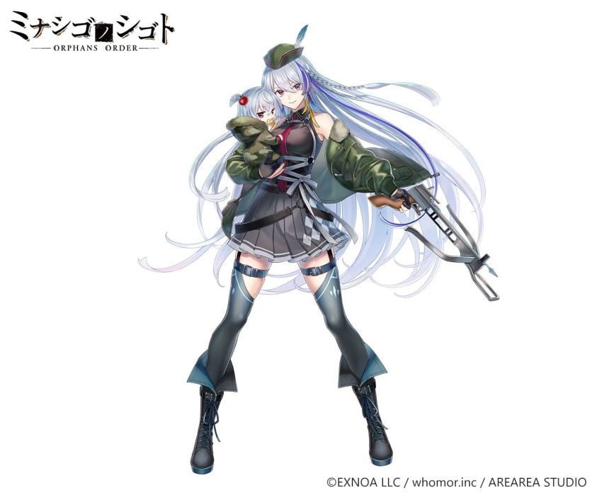2girls baby bare_shoulders black_footwear black_gloves black_legwear black_shirt boots bow_(weapon) braid breasts camouflage collared_shirt copyright_notice copyright_request crossbow full_body fur-trimmed_hood fur-trimmed_jacket fur_trim gloves green_headwear green_jacket grey_hair grey_skirt hair_between_eyes hat highres holding holding_weapon hood hood_down jacket lace-up_boots long_hair long_sleeves medium_breasts multicolored_hair multiple_girls necktie off_shoulder official_art onesie pacifier pleated_skirt puffy_long_sleeves puffy_sleeves purple_hair red_eyes red_neckwear ryuuki_(hydrangea) shirt simple_background single_braid skirt sleeveless sleeveless_shirt sleeves_past_wrists standing streaked_hair thighhighs thighhighs_under_boots very_long_hair watermark weapon white_background