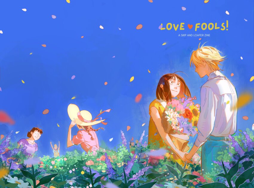 1boy 4girls absurdres aqua_shirt arms_at_sides arms_up bare_arms black_eyes blonde_hair blue_sky blunt_bangs blurry bouquet braid clear_sky clickuu closed_mouth collarbone collared_dress collared_shirt daisy day denim depth_of_field dress dress_shirt egashira_mika eye_contact facing_away facing_viewer falling_petals field floating_hair flower flower_field from_behind glasses hair_behind_ear hair_bun hair_ornament hair_over_one_eye hairclip hand_on_headwear hand_up happy hat hat_ribbon height_difference hetero highres holding holding_bouquet holding_hands iwakura_mitsumi jeans kurume_makoto laughing lavender_(flower) looking_at_another looking_up multiple_girls murashige_yuzuki no_eyes no_nose opaque_glasses orange_flower orange_overalls orange_petals outdoors overalls pants parted_bangs parted_lips petals pink_dress pink_flower profile puffy_short_sleeves puffy_sleeves purple_dress purple_flower purple_petals red_flower red_hair red_rose ribbon rose serious shima_sousuke shirt short_hair short_sleeves single_hair_bun skip_to_loafer sky smile sun_hat sunflower tsurime twin_braids white_flower white_petals white_shirt yellow_dress yellow_flower yellow_petals