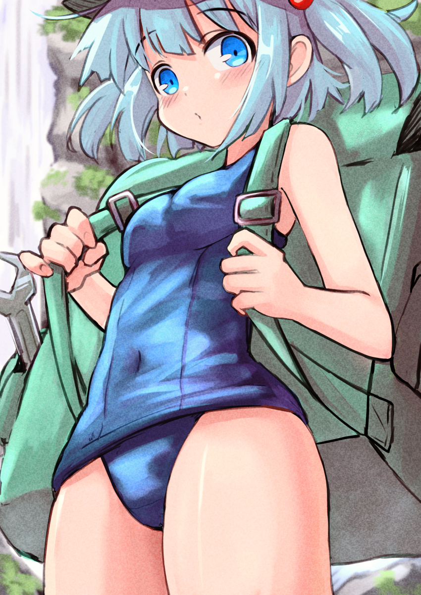 1girl absurdres aqua_eyes blue_eyes blue_hair blue_one-piece_swimsuit blush cowboy_shot green_bag highres kawashiro_nitori looking_at_viewer one-piece_swimsuit solo swimsuit touhou two_side_up yuuka_(a0240765)