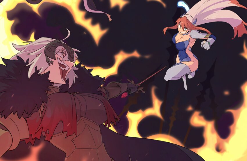 2girls ahoge armored_corset attack birdy_cephon_altera black_gloves blue_eyes boots breasts cape cleavage constricted_pupils fate/grand_order fate_(series) fire foreshortening fur_trim gloves gorget headpiece highres jeanne_d&#039;arc_alter_(fate) jumping kamuify large_breasts long_hair looking_at_another multicolored_hair multiple_girls open_mouth pale_skin polearm smile spear sword teeth tetsuwan_birdy_decode thigh_boots two-tone_hair vambraces weapon