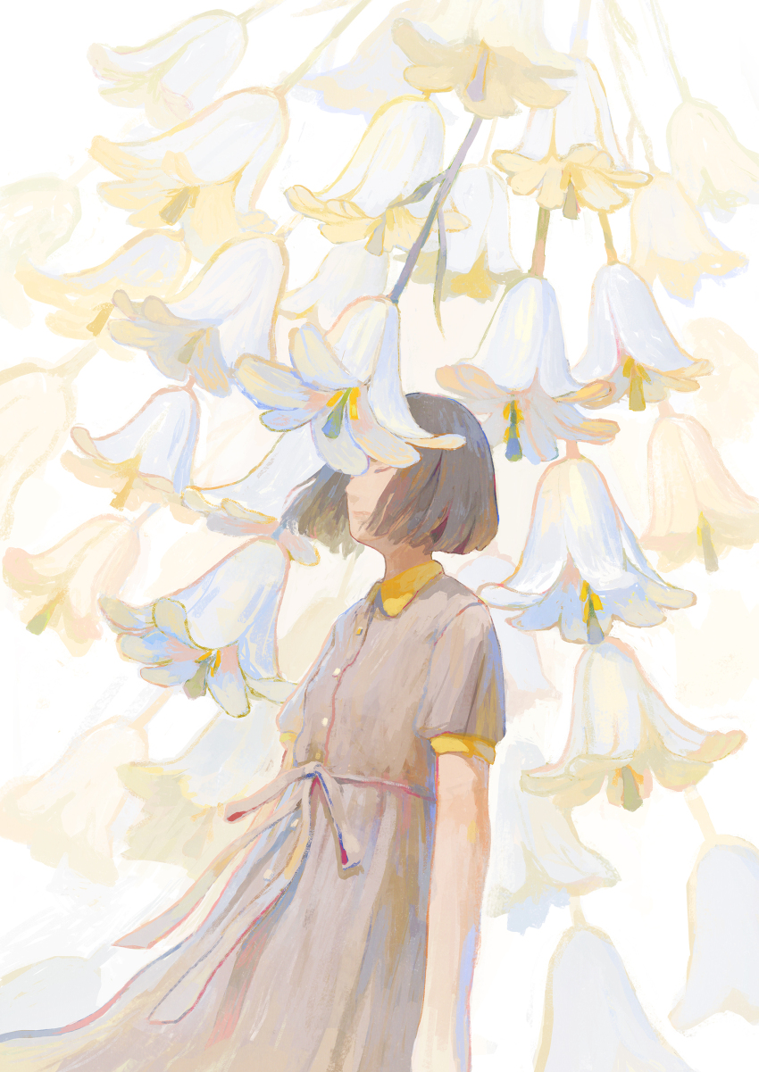 1girl absurdres brown_hair buttons closed_eyes closed_mouth commentary cowboy_shot dress english_commentary expressionless flower flower_request grey_dress grey_ribbon hayashi_naoyuki highres original short_hair solo standing three_quarter_view white_background yellow_trim