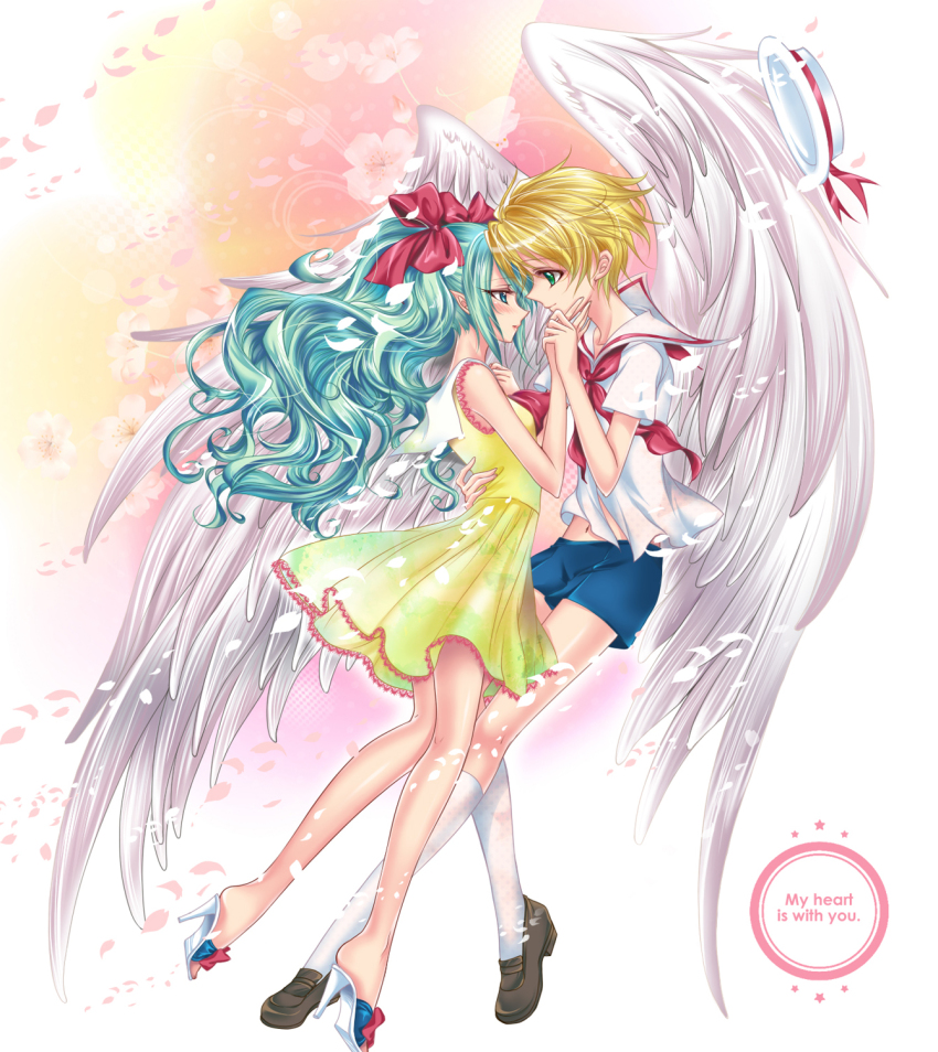 00s 1boy 1girl blonde_hair couple dress green_eyes green_hair hat unworn_hat unworn_headwear hetero highres hippo_(mermaid_melody_pichi_pichi_pitch) long_hair mermaid_melody_pichi_pichi_pitch ore_no_imouto_ga_konna_ni_kawaii_wake_ga_nai pointy_ears sailor sailor_collar wings yuuri_(mermaid_melody_pichi_pichi_pitch) zi_jing