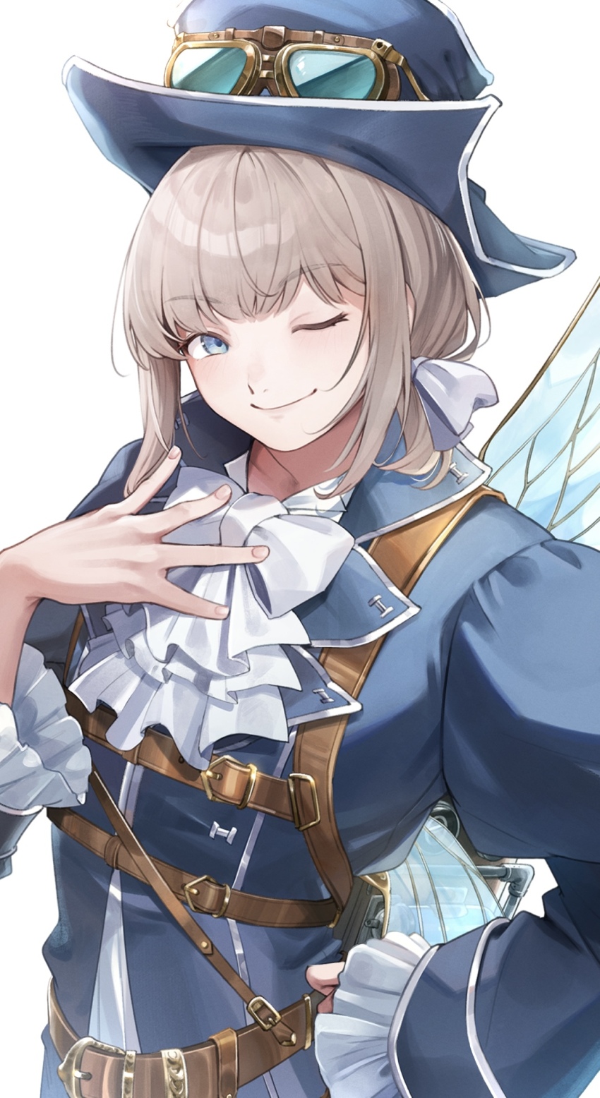 1boy arthropod_boy ascot belt blonde_hair blue_coat blue_eyes blue_hat blue_wings bow brown_belt butterfly_wings closed_mouth coat cowboy_shot fate/grand_order fate_(series) goggles goggles_on_headwear hair_bow hand_on_own_chest hand_up harness harness_belt hat highres insect_wings juliet_sleeves long_sleeves looking_to_the_side low_ponytail male_focus mechanical_wings medium_hair oberon_(fate) oberon_(fgo_fes._2024)_(fate) official_alternate_costume official_alternate_hairstyle one_eye_closed ponytail puffy_long_sleeves puffy_sleeves sausu_hitori shirt short_hair short_ponytail sidelocks simple_background smile solo steampunk top_hat trench_coat white_ascot white_background white_bow white_shirt white_undershirt wings wink