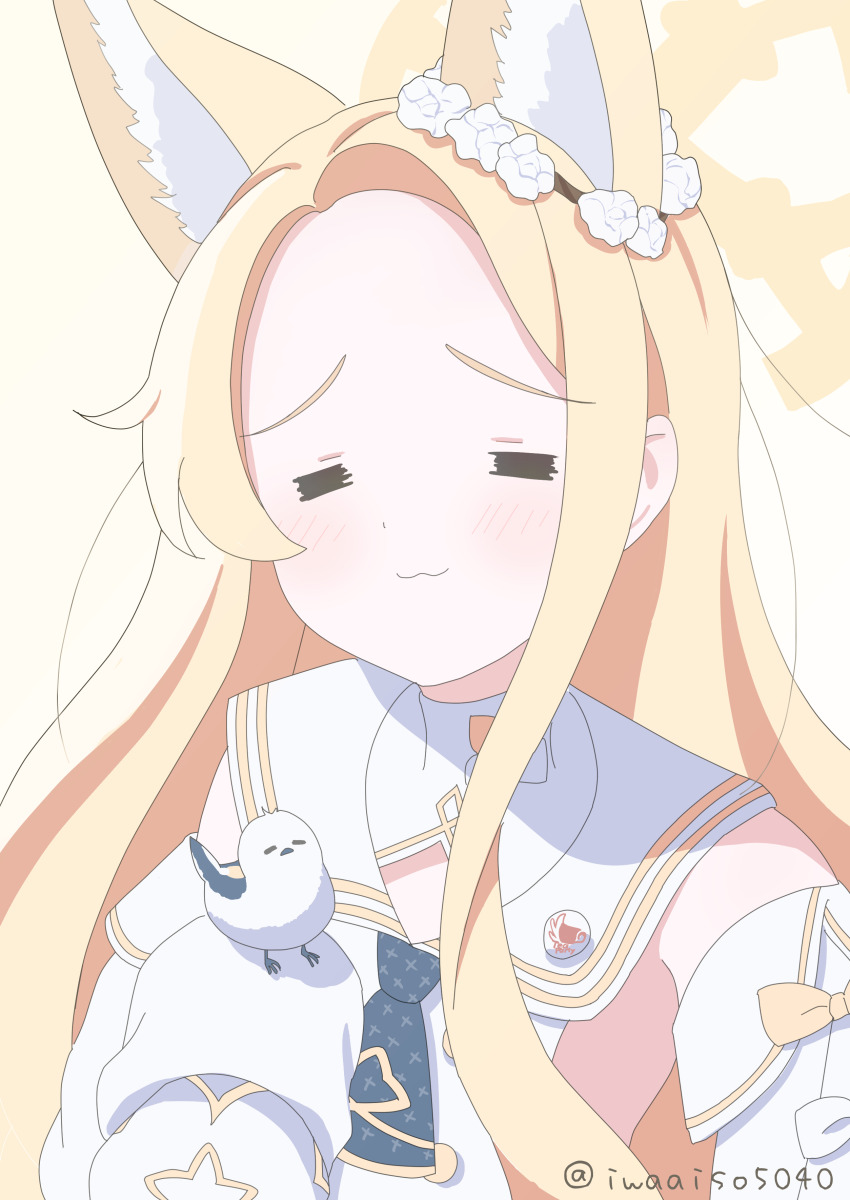 1girl :3 =_= absurdres animal_ear_fluff animal_ears bird bird_on_hand blonde_hair blue_archive blush bow closed_eyes closed_mouth commentary detached_sleeves dress extra_ears facing_viewer forehead fox_ears fox_girl furrowed_brow halo hand_up highres iwaaiso5040 long_hair parted_bangs seia_(blue_archive) simple_background sleeve_bow sleeveless sleeveless_dress sleeves_past_fingers sleeves_past_wrists smile solo twitter_username upper_body white_background white_bow white_dress yellow_bow yellow_halo