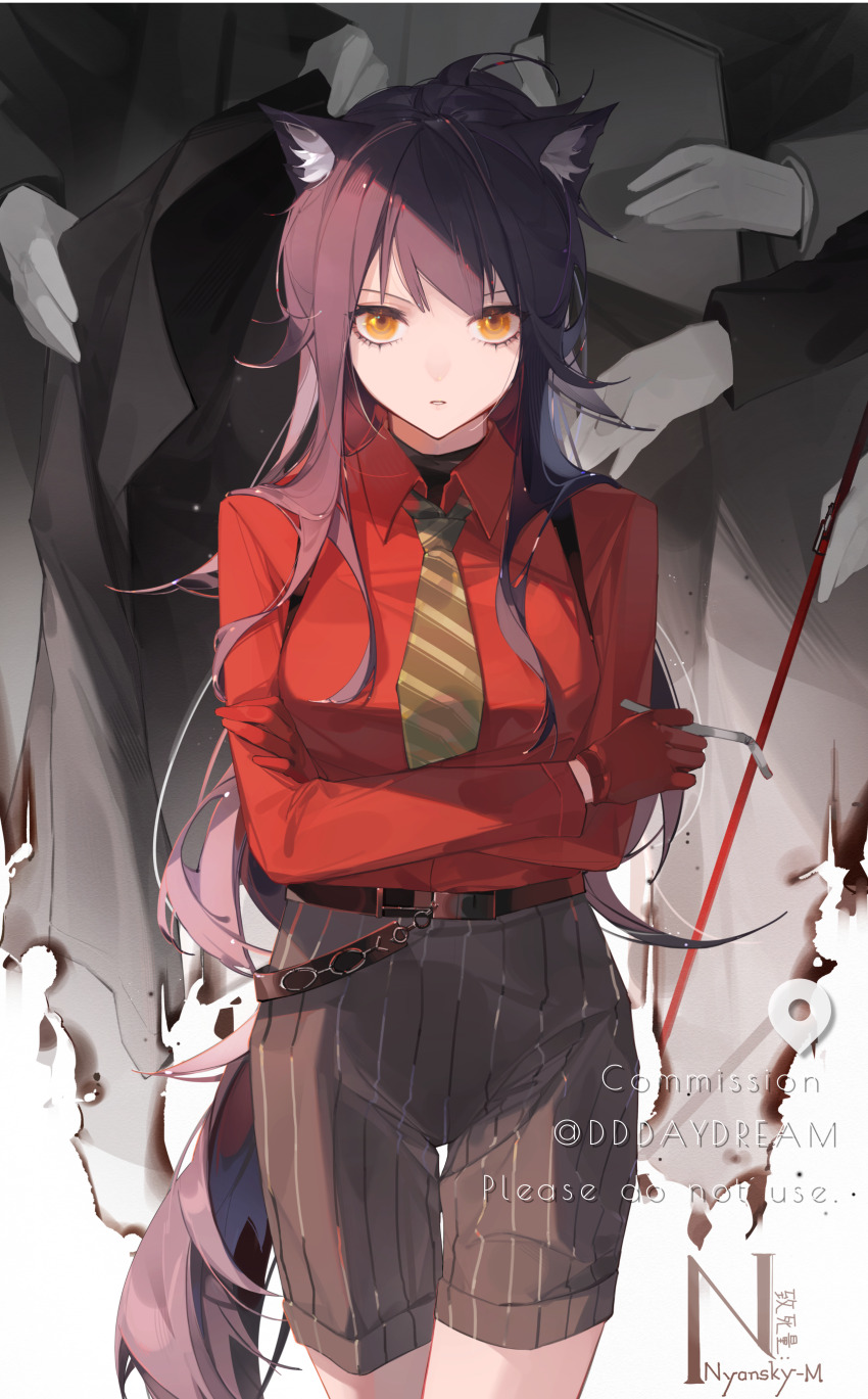 1girl 5others absurdres animal_ears arknights belt black_hair collared_shirt commission cowboy_shot crossed_arms diagonal-striped_clothes diagonal-striped_necktie drinking_straw gloves grey_shorts highres holding holding_drinking_straw long_bangs long_sleeves looking_at_viewer loose_belt multiple_others necktie nyansky orange_eyes parted_lips pinstripe_shorts red_gloves red_shirt serious shirt shirt_tucked_in shorts sidelocks signature solo_focus straight-on striped_clothes tail texas_(arknights) texas_(willpower)_(arknights) watermark wing_collar wolf_ears wolf_girl wolf_tail yellow_necktie