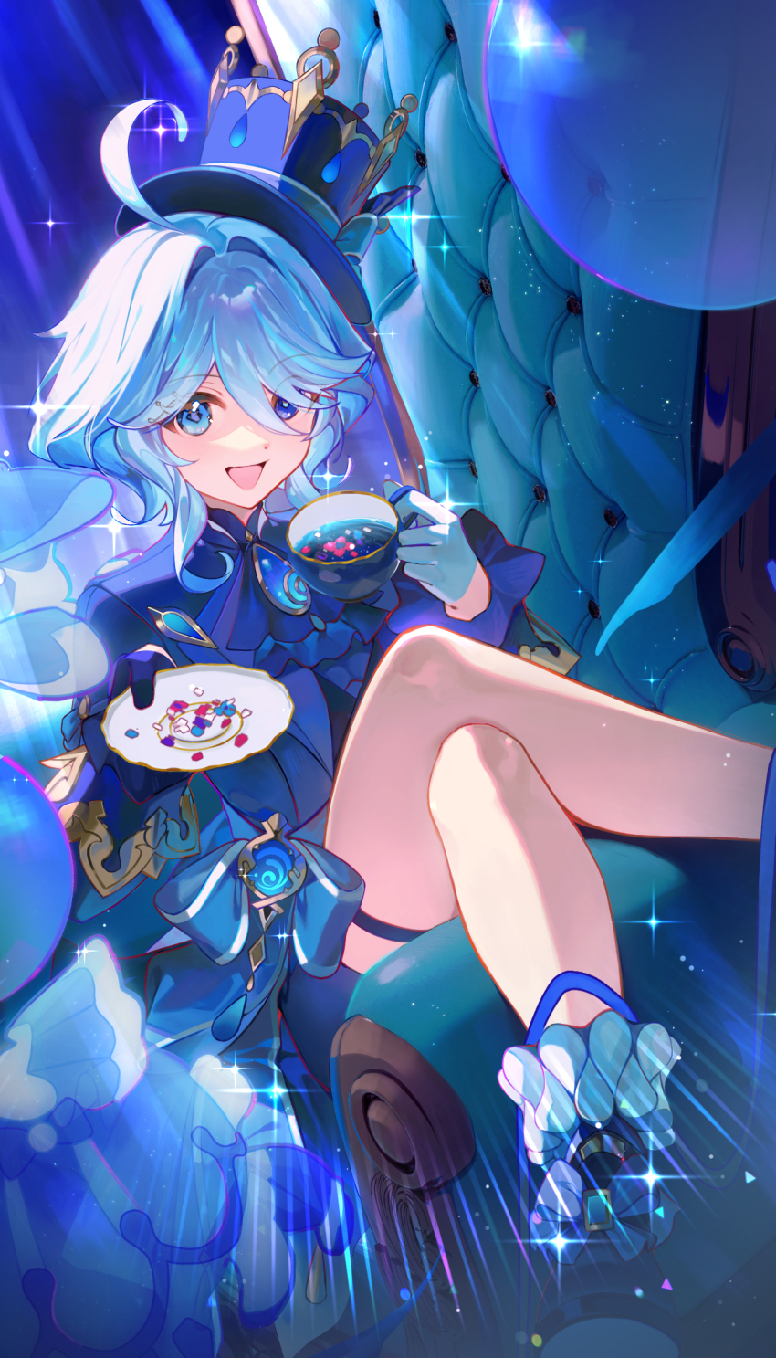 1girl ascot asymmetrical_gloves black_shorts blue_ascot blue_brooch blue_gemstone blue_hair blue_hat blue_jacket cowlick crossed_legs cup drop-shaped_pupils furina_(genshin_impact) gem genshin_impact gloves hat heterochromia highres holding holding_cup holding_plate jacket light_blue_hair mademoiselle_crabaletta mismatched_gloves mismatched_pupils ouji_fashion plate short_shorts shorts shotgunman sitting_sideways socks solo symbol-shaped_pupils top_hat vision_(genshin_impact) white_socks