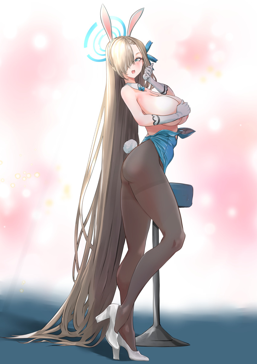 1girl absurdly_long_hair absurdres animal_ears aqua_leotard ass asuna_(blue_archive) asuna_(bunny)_(blue_archive) blue_archive blue_bow blue_bowtie blue_eyes blue_leotard bow bowtie breasts covering_breasts covering_privates detached_collar fake_animal_ears hair_over_one_eye highres large_breasts leotard leotard_pull light_brown_hair long_hair mole mole_on_breast p.i.t.d playboy_bunny rabbit_tail solo swept_bangs topless_female very_long_hair