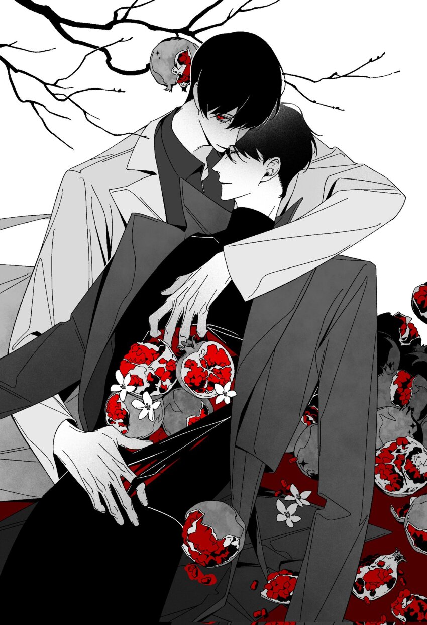 2boys benkdjjituibot black_coat black_hair black_shirt blood branch closed_eyes clothes_pull coat collared_shirt fake_blood flower food foodification fruit hair_over_one_eye hand_on_another&#039;s_chest hanging_object head_on_another&#039;s_shoulder highres hole_in_chest hole_on_body leaning_on_person lily_(flower) looking_at_viewer male_focus multiple_boys omniscient_reader&#039;s_viewpoint on_ground opening pomegranate pool_of_blood popped_collar red_eyes shirt short_hair smile spot_color upper_body vivisection white_background