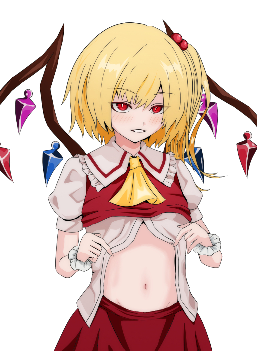 1girl ascot blonde_hair blush breasts clothes_lift cowboy_shot crystal crystal_wings flandre_scarlet highres looking_at_viewer merihari07 midriff navel open_mouth red_eyes red_skirt red_vest ribbon shirt short_sleeves side_ponytail simple_background skirt solo stomach touhou vest white_background white_shirt wings yellow_ascot