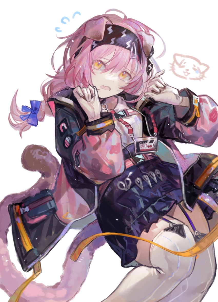 1girl absurdres animal_ears arknights black_hairband black_skirt blush braid cat_ears cat_girl cat_tail fang feet_out_of_frame garter_straps gloves goldenglow_(arknights) hair_ornament hairband hairclip highres id_card jacket liangban_xiexu lightning_bolt_print long_hair long_sleeves looking_at_viewer object_in_pocket open_clothes open_jacket open_mouth orange_eyes pink_hair pocket scissors shirt single_braid skin_fang skirt solo tail tearing_up tears thighhighs two-tone_jumpsuit white_gloves white_shirt white_thighhighs zettai_ryouiki