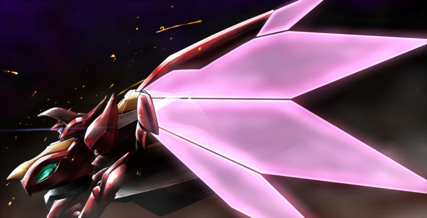 code_geass glowing glowing_eye gomi_kushige guren_(code_geass) guren_s.e.i.t.e.n._eight_elements highres letterboxed mecha no_humans robot smoke solo