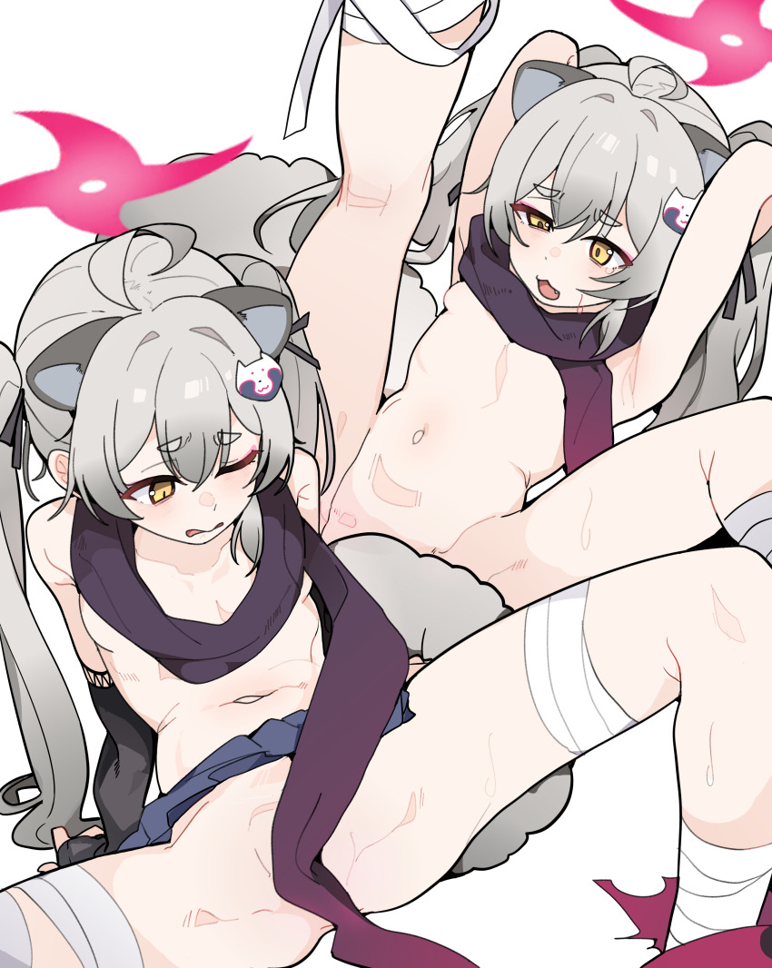 1girl absurdres animal_ears bandaged_leg bandages blue_archive blue_skirt breasts extra_ears grey_hair halo highres kneepits legs_up long_hair michiru_(blue_archive) miniskirt multiple_views navel no_panties one_eye_closed open_mouth pearlgang_e pink_halo purple_scarf raccoon_ears raccoon_girl raccoon_tail scarf simple_background skirt small_breasts spread_legs tail thick_eyebrows twintails uneven_eyes yellow_eyes