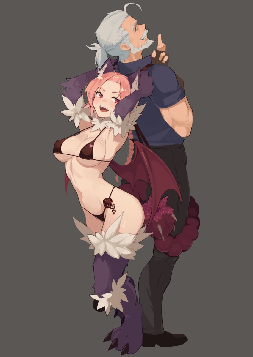 1boy 1girl :d animal_ear_fluff animal_ears animal_hands animal_legs armpits arms_up back-to-back beard bell_orgel bikini black_pants black_shoes blue_shirt braid breasts brown_bikini claws commentary demon_wings facial_hair fingerless_gloves full_body gloves grey_background hands_on_own_head highres large_breasts long_braid manticore_(monster_girl_encyclopedia) monster_girl monster_girl_encyclopedia monster_girl_encyclopedia_ii muscular muscular_male mustache open_mouth pants pink_hair red_eyes shirt shoes simple_background smile standing string_bikini swimsuit tail tail_wrap teeth upper_teeth_only white_hair wings
