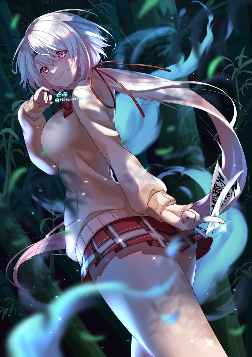1girl absurdres ass_peek bamboo bamboo_forest breasts closed_mouth cowboy_shot forest grey_hair hair_ribbon hand_up highres holding holding_ofuda long_hair long_sleeves looking_at_viewer looking_back low_ponytail nature nijisanji ofuda pink_eyes plaid_clothes plaid_skirt ponytail red_ribbon red_skirt reiru_(reiru_ooooo) ribbon shiina_yuika shiina_yuika_(1st_costume) skirt smile solo twitter_username very_long_hair virtual_youtuber