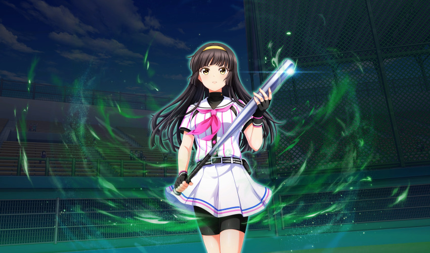 1girl aura baseball_bat baseball_stadium baseball_uniform belt belt_buckle belt_pouch bike_shorts_under_skirt black_belt black_gloves black_hair black_pouch black_shorts black_undershirt blunt_bangs buckle chain-link_fence cinderella_series closed_mouth cloud fence fingerless_gloves game_cg glint gloves hachigatsu_no_cinderella_nine hairband highres holding holding_baseball_bat long_hair metal_baseball_bat neckerchief non-web_source official_art outdoors pink_neckerchief pleated_skirt pouch satogahama_baseball_uniform shirt shirt_under_shirt short_sleeves shorts skirt sky solo sportswear standing striped_belt striped_clothes striped_shirt tsukishima_yui_(hachigatsu_no_cinderella_nine) v-shaped_eyebrows vertical-striped_clothes vertical-striped_shirt wristband yellow_eyes yellow_hairband