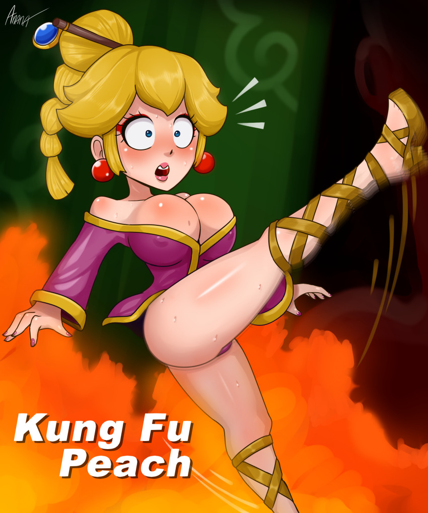 1girl ananakawaii blonde_hair blue_eyes blush breasts chinese_clothes cleavage earrings eyelashes falling hat highres jewelry kung_fu kung_fu_peach legs lips lipstick makeup mario_(series) nintendo open_mouth pink_lips princess_peach princess_peach:_showtime! self-upload shiny_skin sweat sword weapon