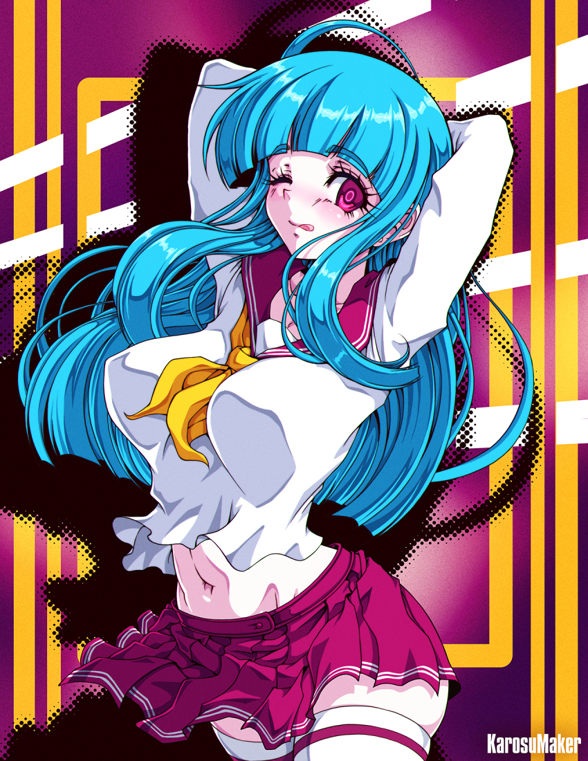1girl ;q alternate_costume arms_behind_head artist_name blue_hair blunt_bangs breasts commentary commission contemporary cowboy_shot highres hyuuga_hinata karosu_maker large_breasts long_hair long_sleeves looking_at_viewer me!me!me! midriff naruto_(series) navel neckerchief neckerchief_between_breasts one_eye_closed paid_reward_available pleated_skirt purple_background purple_eyes purple_sailor_collar purple_skirt sailor_collar school_uniform serafuku shadow shirt skirt solo standing thighhighs tongue tongue_out white_shirt white_thighhighs yellow_neckerchief