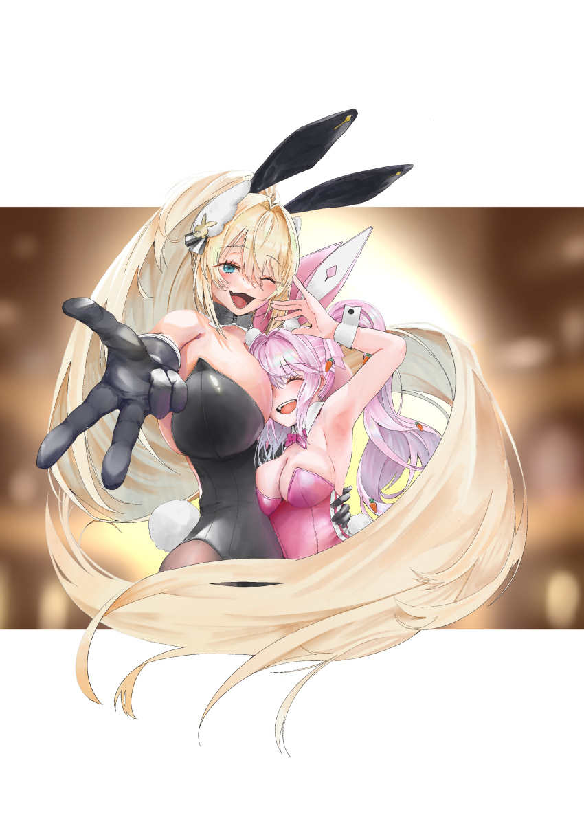 2girls absurdres alice_(nikke) alice_(wonderland_bunny)_(nikke) animal_ears bare_shoulders between_breasts black_gloves black_leotard blonde_hair bow bowtie breasts carrot_hair_ornament closed_eyes detached_collar fake_animal_ears fang food-themed_hair_ornament gloves goddess_of_victory:_nikke green_eyes hair_ornament head_between_breasts height_difference highres large_breasts leotard likered7410 long_hair multiple_girls official_alternate_costume one_eye_closed open_mouth pantyhose pink_bow pink_bowtie pink_leotard playboy_bunny rabbit_ears rupee_(nikke) rupee_(rabbit_deluxe)_(nikke) smile strapless strapless_leotard twintails undersized_breast_cup very_long_hair white_wrist_cuffs wrist_cuffs