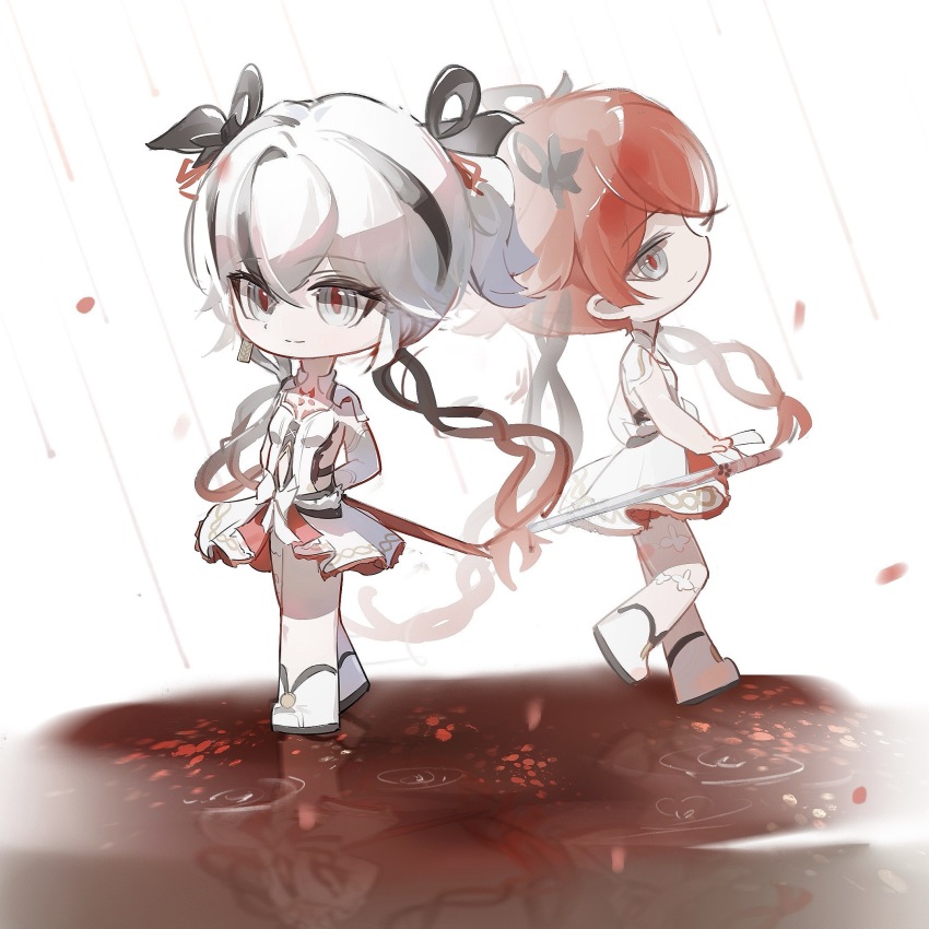 1girl arms_behind_back black_eyes breasts camellya_(wuthering_waves) chibi chibi_only closed_mouth commentary dress dual_persona full_body hair_vines highres huqu_(huqu45712) rain red_hair red_petals red_pupils reflection reflective_water ripples shoes small_breasts smile sword symbol-only_commentary weapon white_dress white_shoes wuthering_waves