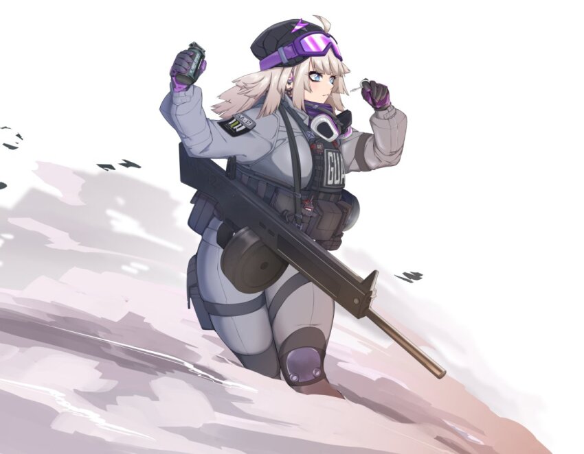 1girl aa-12 aa-12_(girls&#039;_frontline) ahoge alternate_breast_size automatic_shotgun bags_under_eyes beanie blonde_hair blue_eyes blunt_bangs breasts bulletproof_vest candy combat_shotgun commission drum_magazine explosive extended_barrel food gas_mask girls&#039;_frontline goggles goggles_on_head grenade grenade_pin gun hand_grenade hat high-capacity_magazine holding holding_grenade large_breasts lollipop magazine_(weapon) mask military military_uniform samsam_s2s shotgun shoulder_strap smoke smoke_grenade smoke_trail solo tactical_clothes thick_thighs thighs weapon