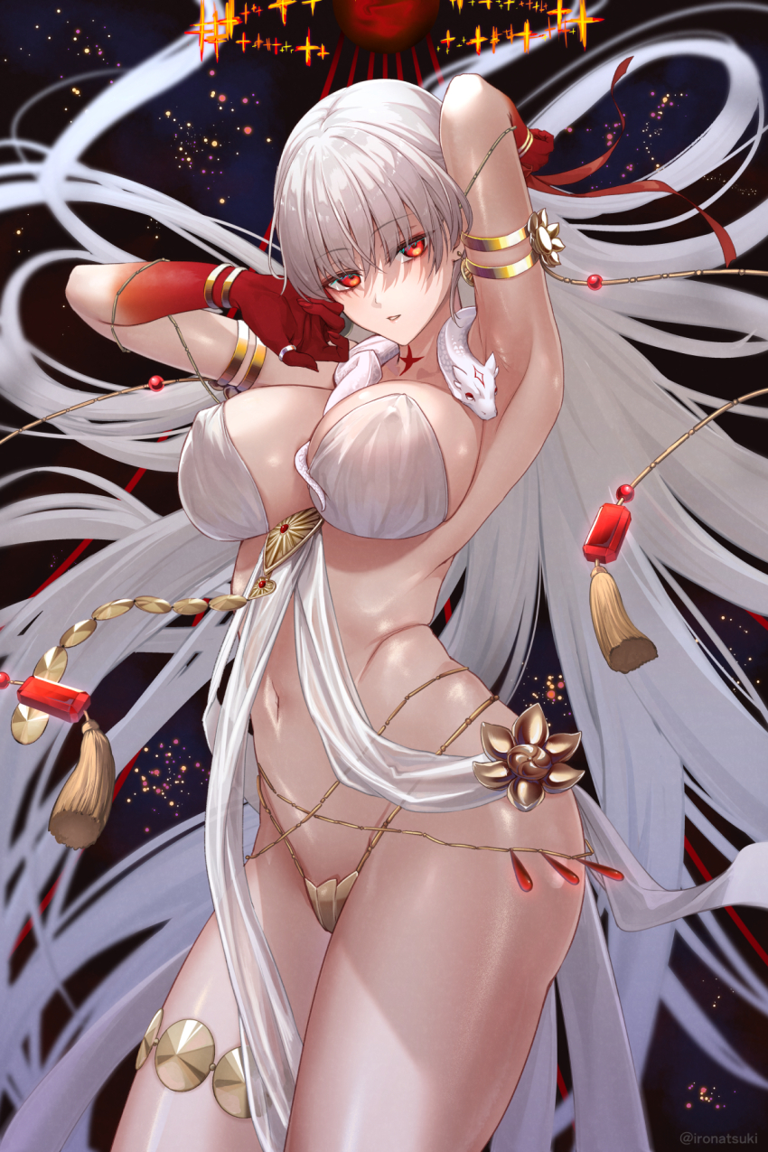 1girl arm_behind_head armlet armpits arms_up bare_shoulders belly_chain blush body_markings bracelet breasts cleavage collarbone colored_skin durga_(fate) durga_(first_ascension)_(fate) earrings fate/grand_order fate_(series) gradient_skin grey_hair hair_ribbon highres ironatsuki jewelry large_breasts long_hair looking_at_viewer navel parted_lips pelvic_curtain red_eyes red_skin revealing_clothes ribbon sash snake solo thighlet thighs thumb_ring very_long_hair