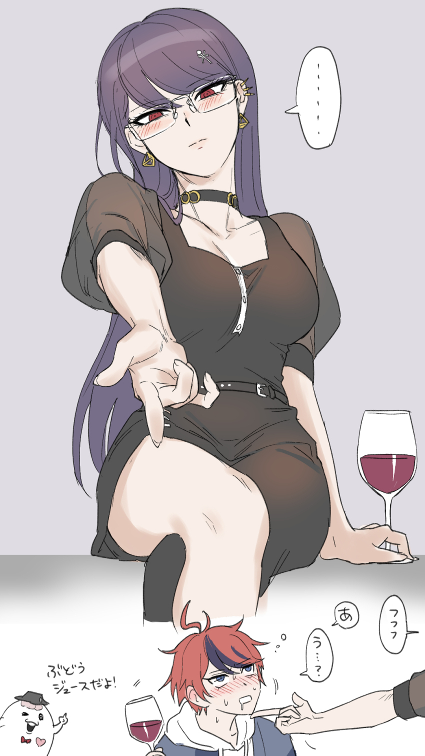 1boy 1girl black_dress black_hair blush breasts cleavage collarbone crossed_legs dress glasses highres medium_breasts mihen red_eyes shizuhara_hiruko sitting the_hundred_line_-last_defense_academy-