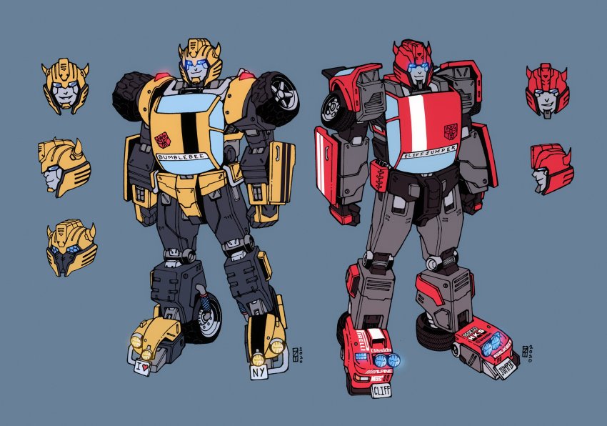 2boys absurdres autobot blue_background bumblebee character_name clenched_hands cliffjumper commentary english_commentary glowing glowing_eyes highres horns i_heart... insignia lextodrawstuff multiple_boys multiple_views no_humans redesign standing transformers