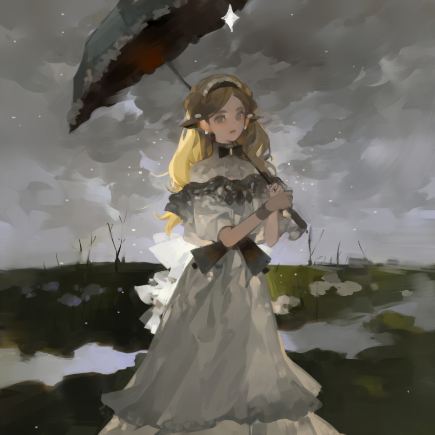 1girl aristocratic_clothes blonde_hair bow bowtie dress gown grey_dress grey_eyes hairband highres holding holding_umbrella long_hair looking_at_viewer muted_color original outdoors overcast painterly parasol shachang sky solo umbrella