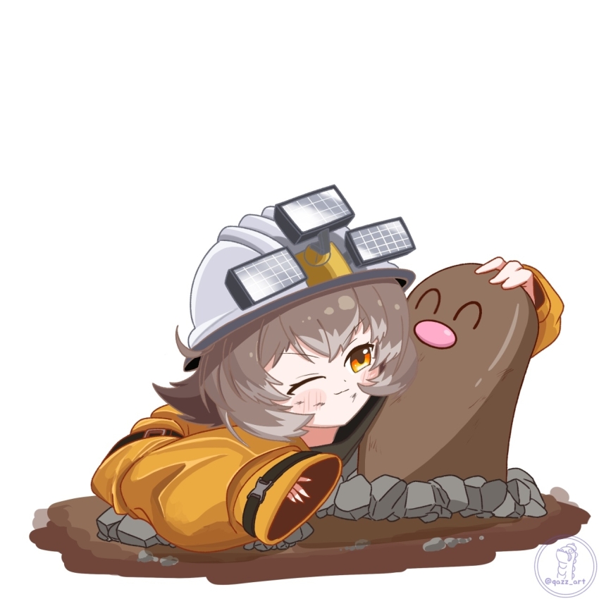 1girl arknights blush_stickers brown_hair cement_(arknights) closed_mouth commentary_request diglett dirty dirty_face gen_1_pokemon helmet highres jacket korean_commentary nintendo one_eye_closed orange_eyes petting pokemon pokemon_(creature) puffy_sleeves qazz_art rock short_hair simple_background sleeves_past_wrists smile solo white_background yellow_jacket