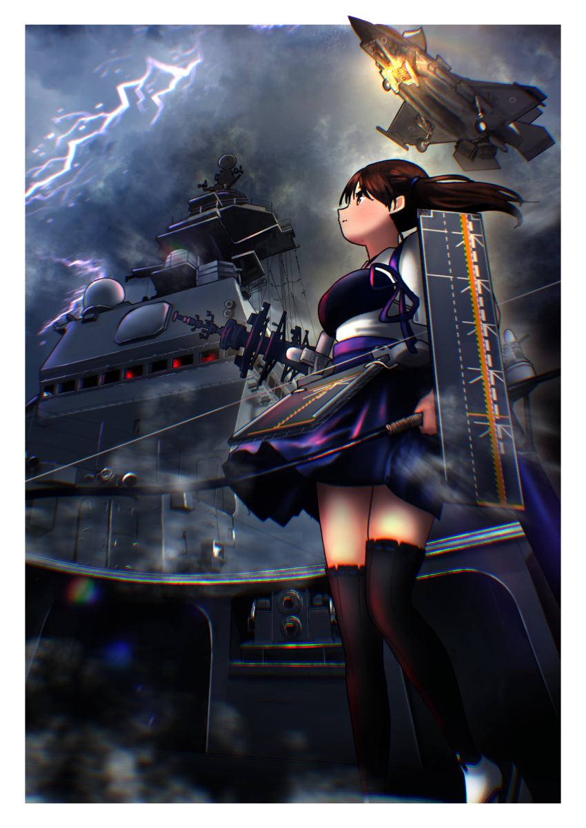1girl aircraft airplane blue_hakama border brown_eyes brown_hair commentary_request f-35_lightning_ii fighter_jet flight_deck gaiters hakama hakama_short_skirt hakama_skirt highres japanese_clothes kaga_(kancolle) kaga_kai_ni_(kancolle) kantai_collection lightning long_hair military_vehicle outside_border rigging short_sidetail side_ponytail skirt solo thighhigh_gaiters thighhighs timmyyen white_border