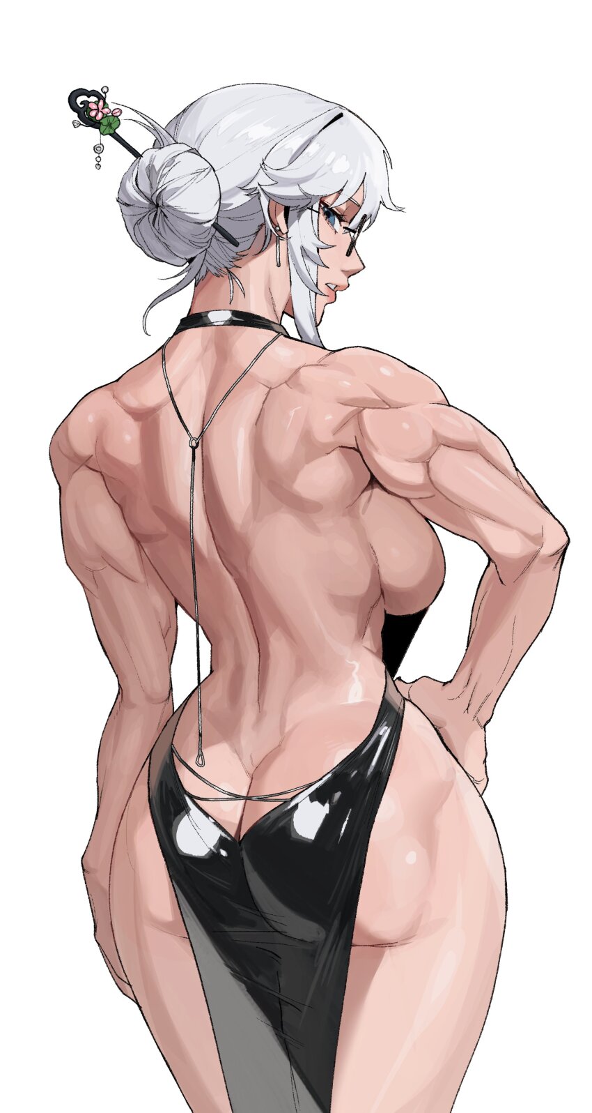 1girl absurdres ass back_muscles backless_dress backless_outfit bare_arms bare_back bare_shoulders black_dress blue_eyes breasts butt_crack chinese_hairpin dress earrings from_behind glasses gluteal_fold hair_between_eyes hair_bun hair_ornament hand_on_own_hip highres jewelry large_breasts muscular muscular_female no_panties original radon86_nya shoulder_blades sideboob single_hair_bun solo thighs white_background white_hair wide_hips