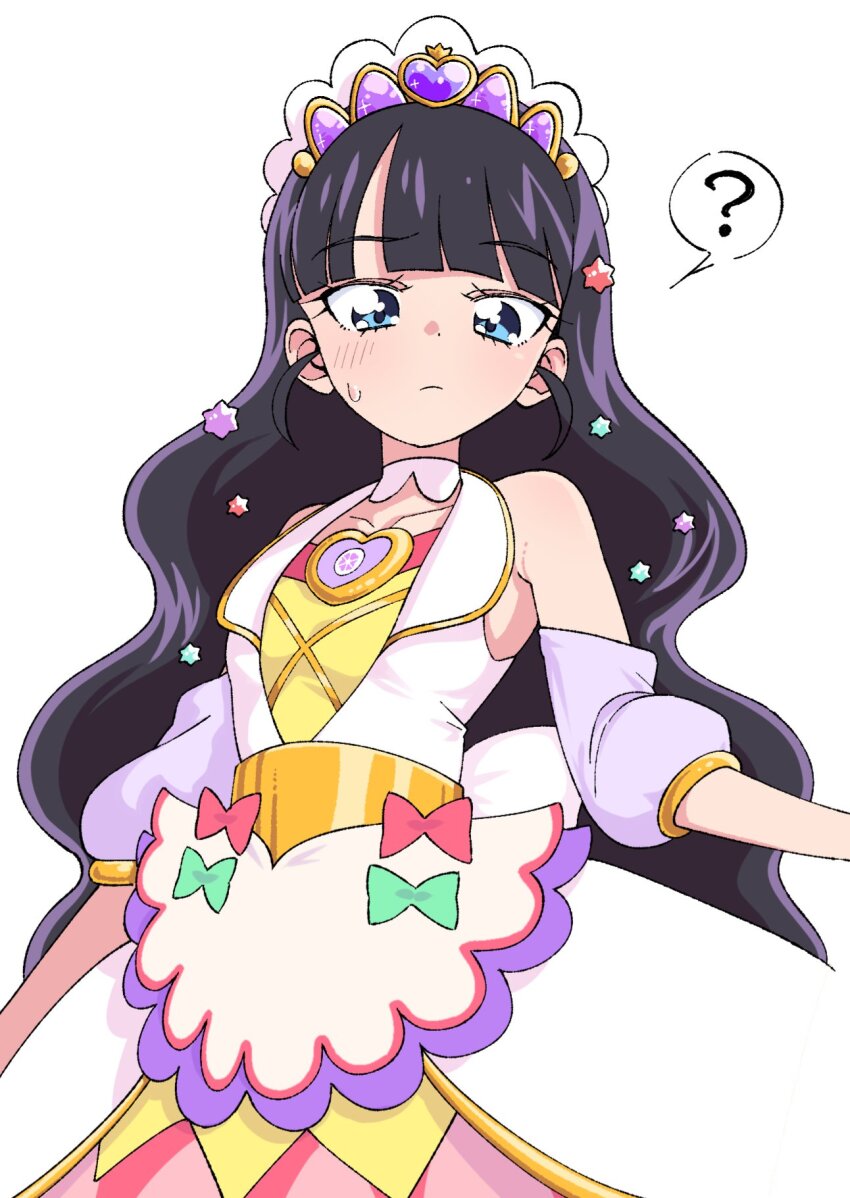 !? 1girl black_hair blue_eyes bow choker collarbone cosplay cure_finale cure_finale_(cosplay) delicious_party_precure detached_sleeves diadem dress frown green_bow handakuon highres kasai_amane long_hair looking_down precure purple_sleeves red_bow self_cosplay solo speech_bubble spoken_interrobang sweatdrop very_long_hair white_background white_choker white_dress