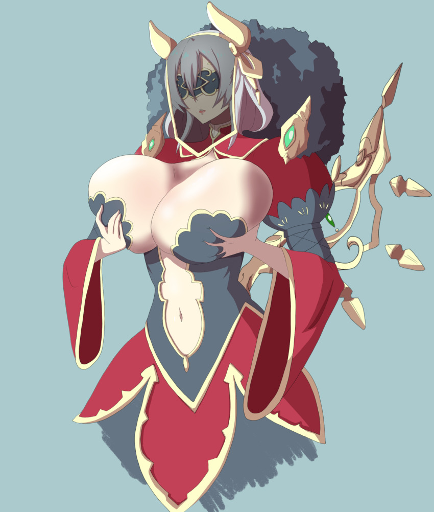 1girl aqua_background bad_id bad_pixiv_id breasts eye_mask grabbing_own_breast grey_hair grimms_notes highres huge_breasts mask medium_hair navel parted_lips puffycrow simple_background single_wing solo wings witch_yurisha_(grimms_notes)