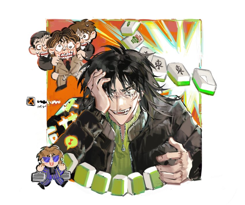 5boys 6_9 aso54100857 black_coat black_hair black_necktie blue-tinted_eyewear blue_jacket blue_pants brown_hair brown_jacket brown_pants chibi chibi_inset coat collared_shirt commentary crying crying_with_eyes_open facial_scar formal_clothes green_sweater hair_between_eyes hand_on_own_cheek hand_on_own_face highres hyoudou_kazuya itou_kaiji jacket kaiji long_hair long_sleeves maeda_(kaiji) mahjong mahjong_tile male_focus miyoshi_tomohiro multiple_boys muraoka_takashi musical_note necktie open_mouth pants pointy_nose puffy_coat red_shirt scar scar_on_cheek scar_on_face scar_on_hand shirt short_hair smile spoken_musical_note suit sunglasses sweater tears teeth tinted_eyewear turtleneck turtleneck_sweater upper_body wavy_hair zipper