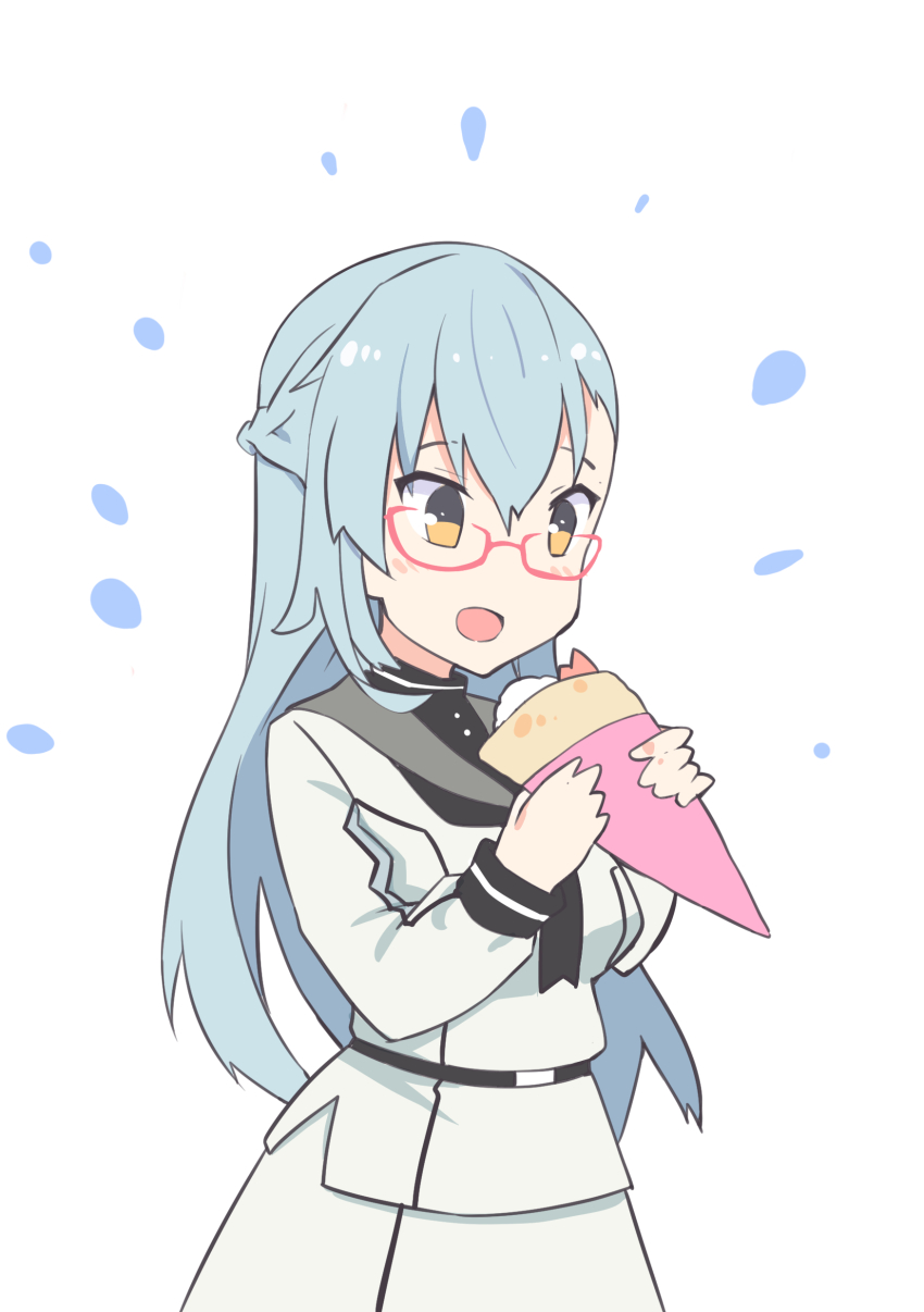1girl absurdres ayanokouji_martial_arts_school_uniform black_neckerchief blush braid breasts chibi commentary_request crepe food glasses grey_hair grey_sailor_collar hair_between_eyes half_up_braid highres hitoiki holding holding_crepe holding_food kitora_mirja large_breasts long_hair long_sleeves neckerchief open_mouth orange_eyes red-framed_eyewear sailor_collar school_uniform semi-rimless_eyewear serafuku shirt simple_background skirt smile solo standing toji_no_miko white_background white_shirt white_skirt winter_uniform