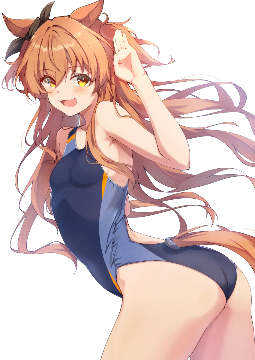 1girl :d absurdres alternate_costume animal_ears black_ribbon blue_one-piece_swimsuit blush bow breasts commentary_request competition_swimsuit ear_ribbon fang hand_up highres horse_ears horse_girl horse_tail looking_at_viewer mayano_top_gun_(umamusume) one-piece_swimsuit open_mouth pandoa_(mikage0495) ribbon simple_background skin_fang small_breasts smile solo swimsuit tail thighs two_side_up umamusume white_background yellow_eyes