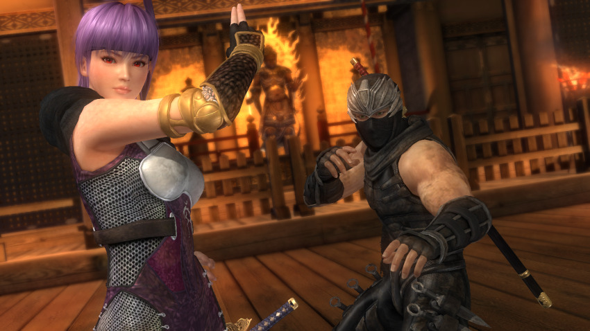 1boy 1girl ayane_(doa) bandana dead_or_alive dead_or_alive_5 game_screenshot highres ninja non-web_source purple_hair ryu_hayabusa short_hair sword victory_pose weapon