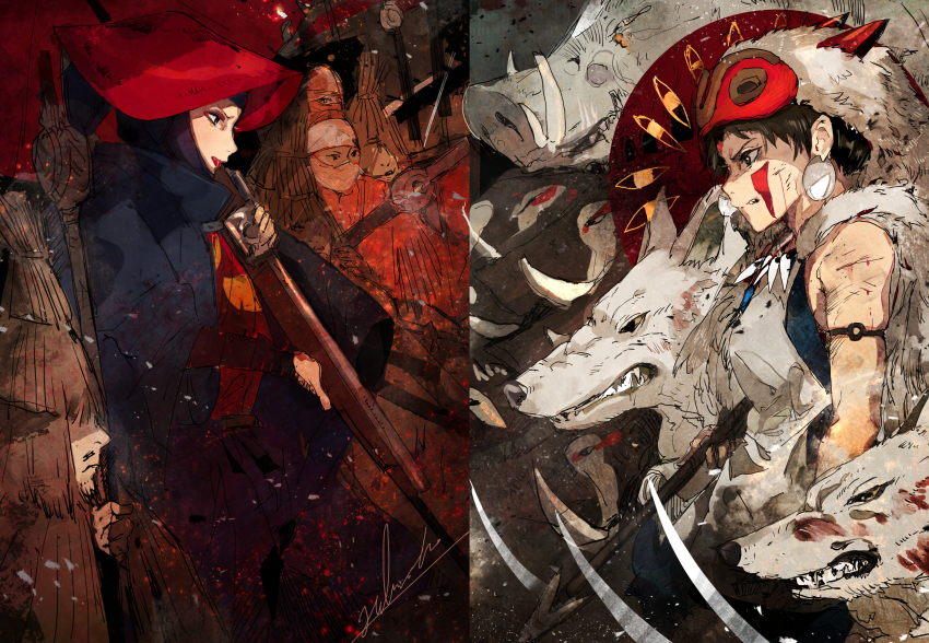 2girls 5boys armband beard black_eyes blood blue_coat blue_hakama boar breasts brown_eyes brown_hair cape clenched_teeth closed_mouth coat cowboy_shot earrings eboshi embers facepaint facial_hair facial_mark forehead_mark from_side fur_cape furrowed_brow gun hakama hakama_skirt highres hiranko holding holding_gun holding_polearm holding_weapon japanese_clothes jewelry kimono lips lipstick makeup mask mask_on_head medium_breasts mononoke_hime moro_no_ichizoku multiple_boys multiple_girls mustache necklace okkotonushi parasol polearm profile red_headwear red_kimono red_lips san_(mononoke_hime) scowl short_hair signature skindentation skirt sleeveless smoke solo_focus spear straw_(stalk) studio_ghibli teeth tooth_necklace tsurime umbrella weapon wolf