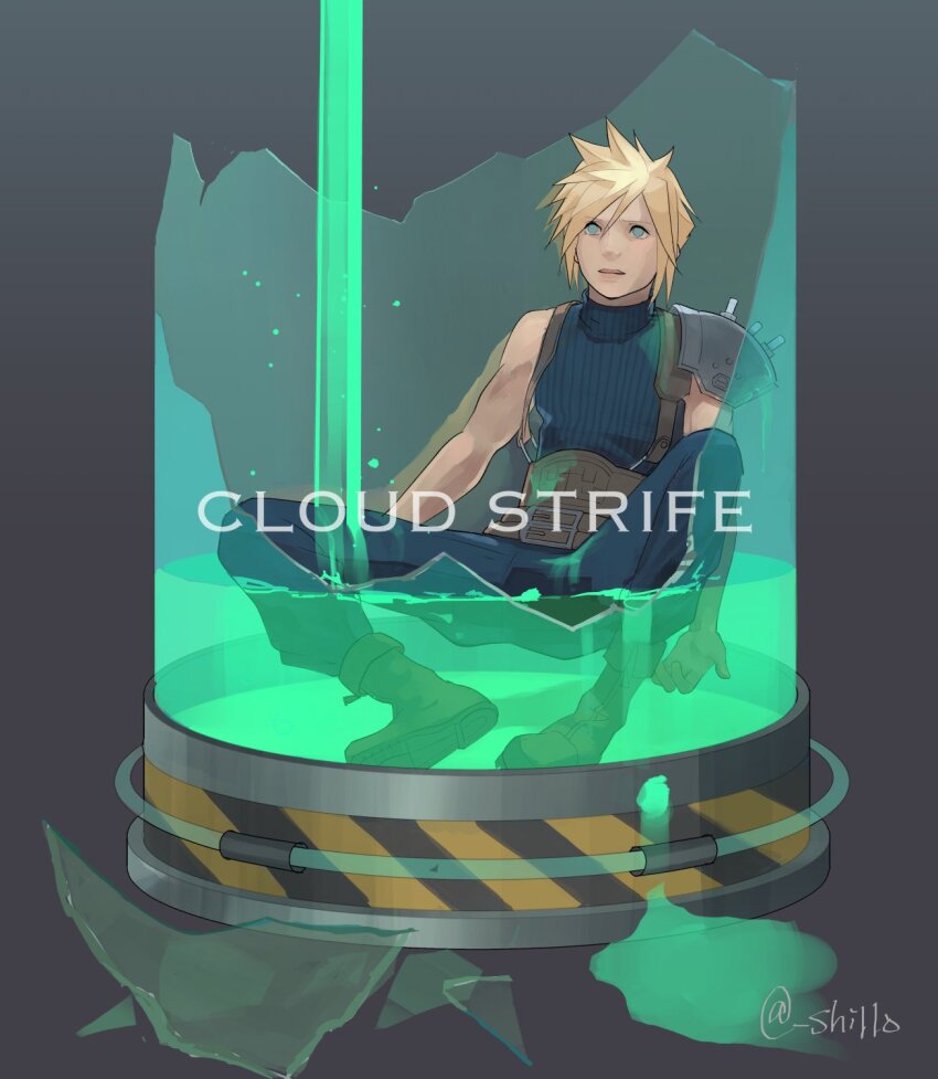 1boy armor belt blonde_hair blue_eyes blue_pants blue_sweater broken_glass brown_belt brown_footwear brown_gloves character_name cloud_strife commentary final_fantasy final_fantasy_vii full_body glass gloves gradient_background grey_background highres light_particles liquid male_focus multiple_belts pants parted_lips ribbed_sweater shillo short_hair shoulder_armor single_bare_shoulder sitting sleeveless sleeveless_turtleneck solo spiked_hair stasis_tank suspenders sweater tube turtleneck turtleneck_sweater vat