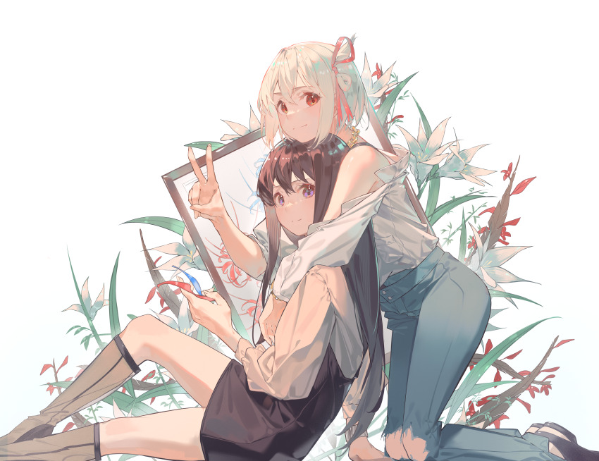 2girls absurdres black_bra black_hair black_skirt blonde_hair blue_pants blush boots bra bra_strap closed_mouth commentary dkl_(dinosaurkl2) flower_request hair_between_eyes hair_ribbon highres hug hug_from_behind inoue_takina jewelry knee_boots kneeling long_hair long_sleeves looking_at_viewer lycoris_recoil multiple_girls necklace nishikigi_chisato off_shoulder one_side_up pants purple_eyes red_eyes red_ribbon ribbon shirt short_hair sidelocks simple_background sitting skirt underwear v white_background white_shirt